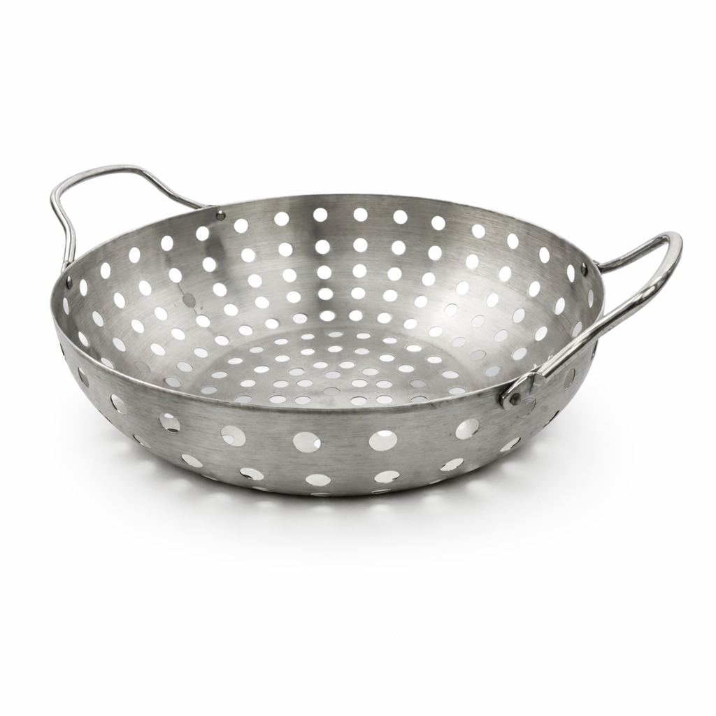 A round, perforated metal grill basket with two handles.