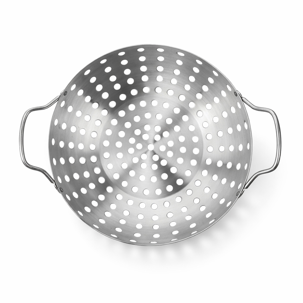 A round metal grill basket with many small holes and two handles.