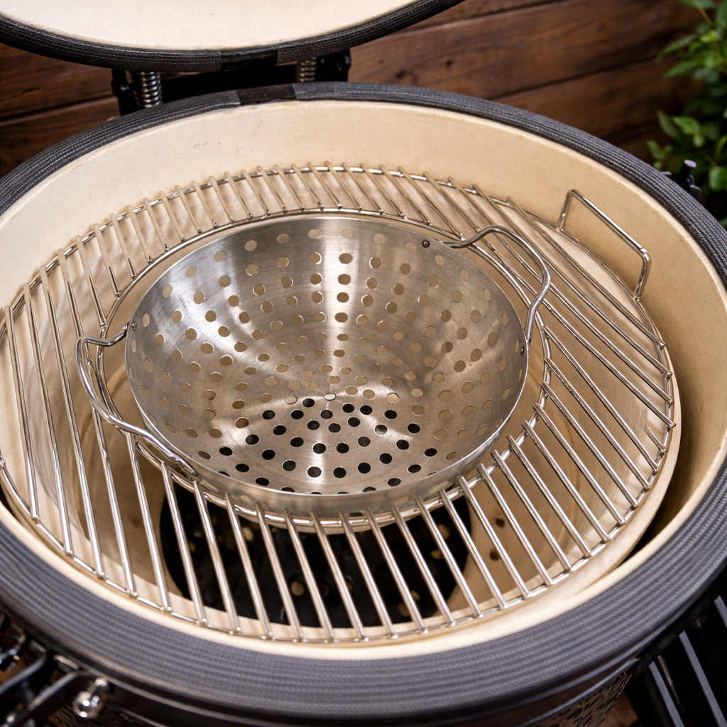 A round grill rack with a perforated sieve on top inside a ceramic grill.