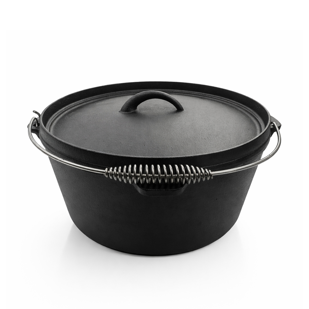 A black cast iron Dutch oven with a lid and wire handle, isolated on a white background.