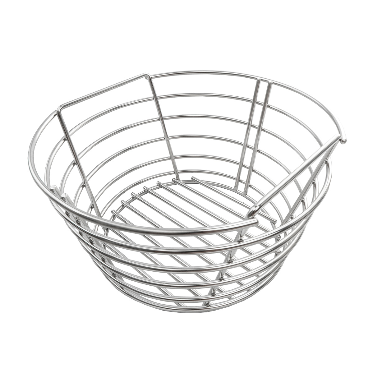 A round, open metal wire basket with horizontal and vertical bars.