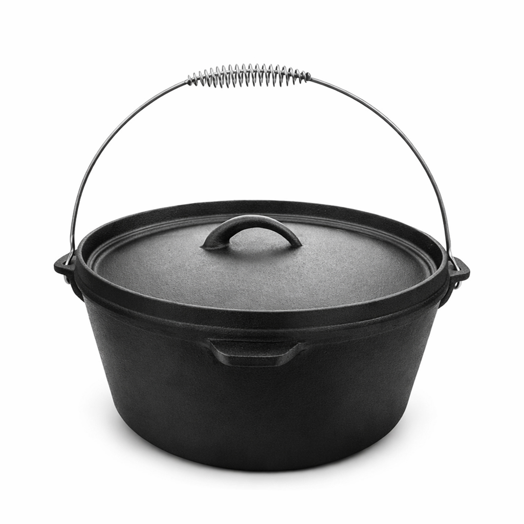 A black cast iron Dutch oven with a fitted lid and a metal bail handle with a coiled spring grip, on a white background.