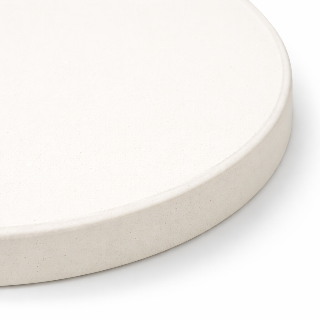 Een ronde, crèmekleurige schaal met een lichte rand, op witte achtergrond.