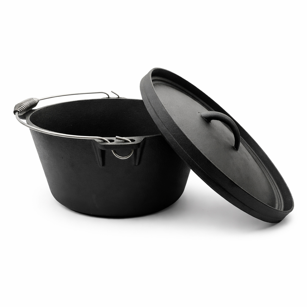 Black cast iron pot with lid, on a white background.