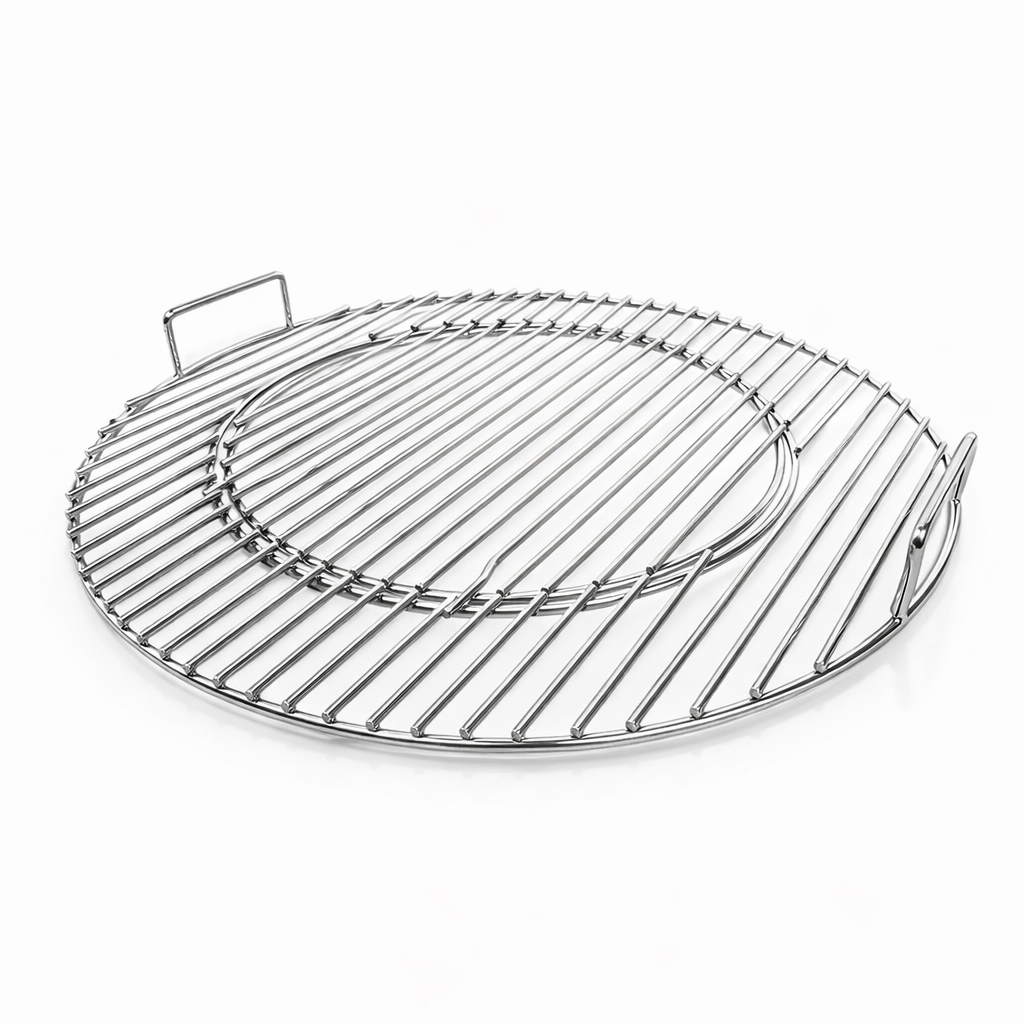 A round metal grill rack with two handles and an inner ring structure.