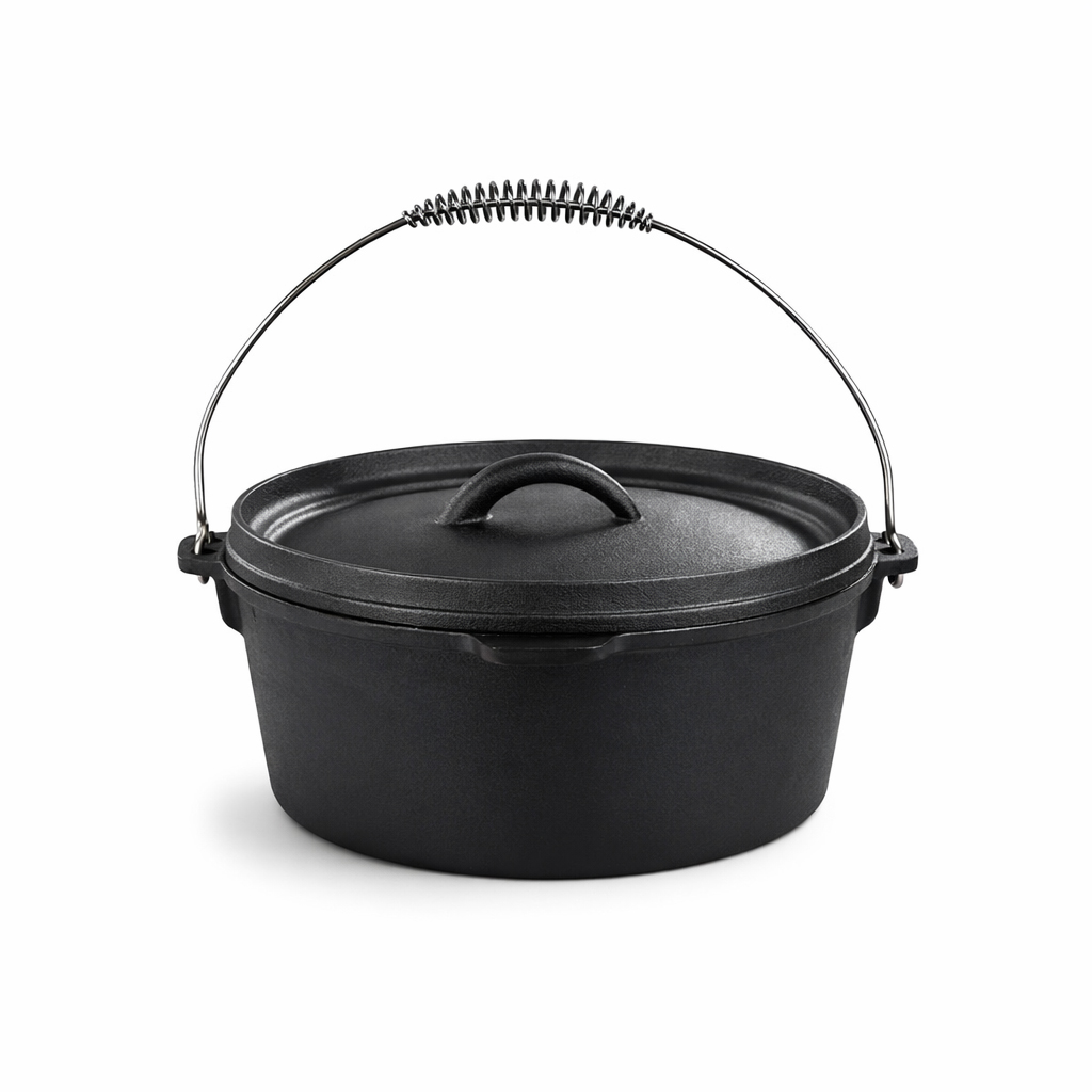 A black cast iron Dutch oven with a lid and a wire bail handle with a coiled grip, set against a white background.