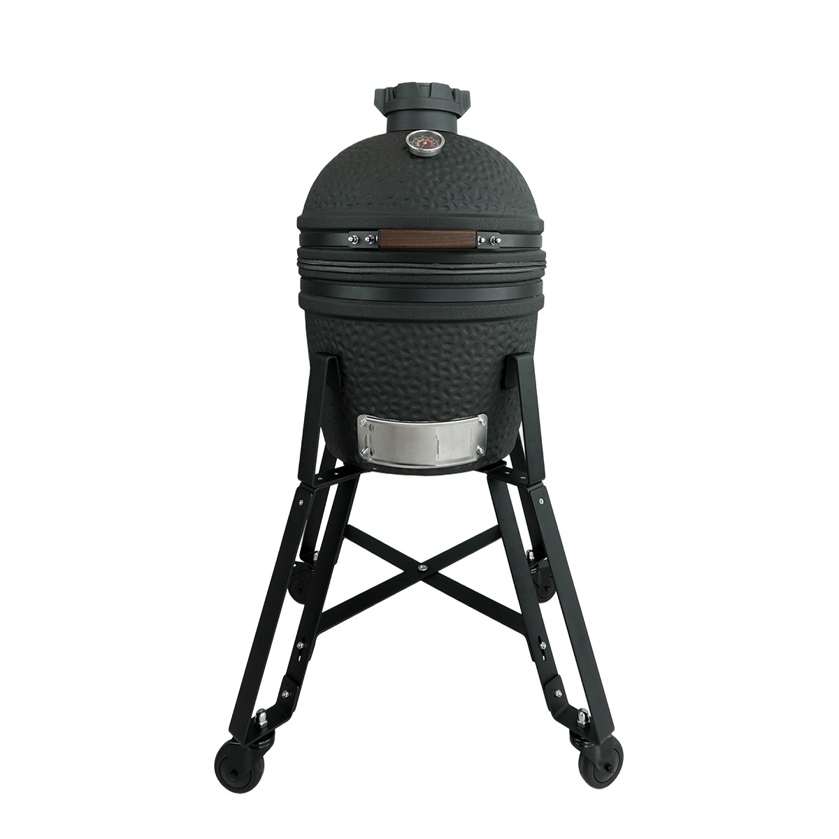 Ein schwarzer Keramikgrill mit Thermometer und Holzgriff auf einem schwarzen Metallständer.