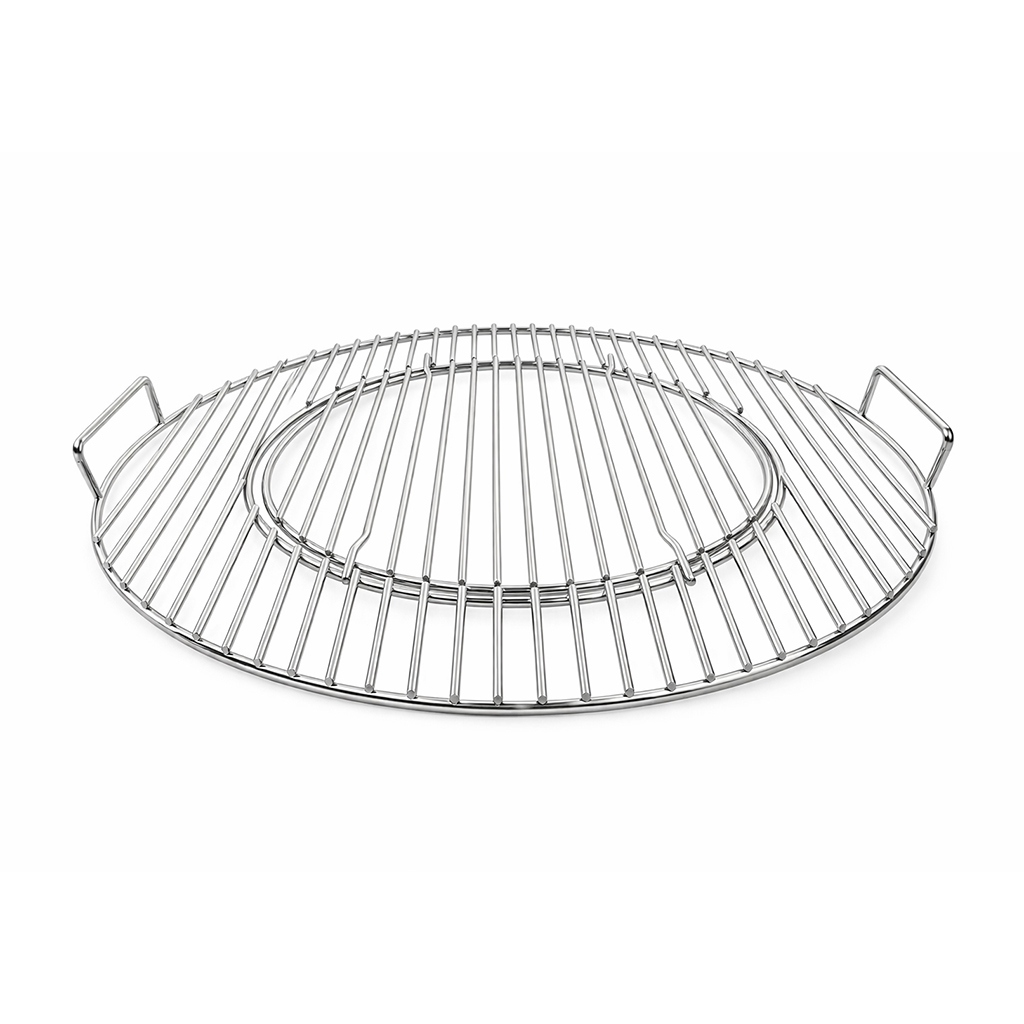 A round metal grill rack with two handles, on a white background.