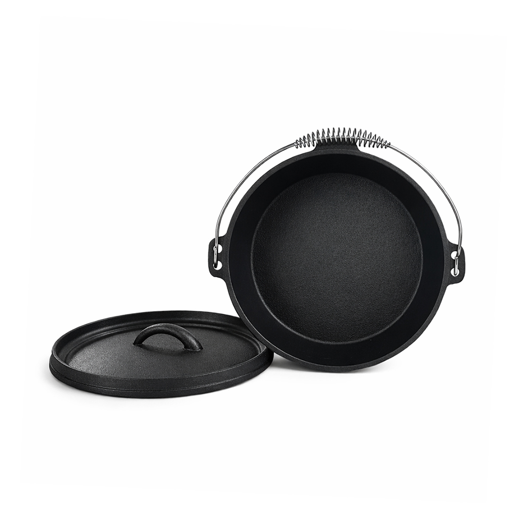 Black cast iron pot with handle and separate lid.