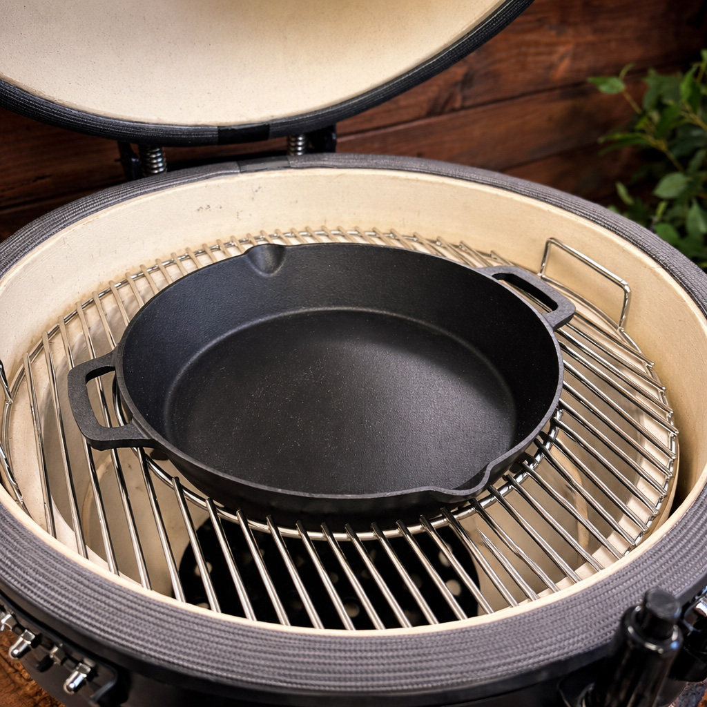 Cast iron skillet on a grill rack inside a ceramic grill with its lid open.