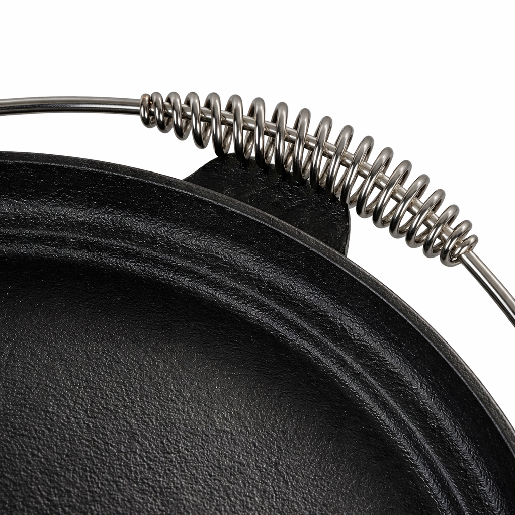 Close-up of a black cast iron pot with a silver wire handle, featuring a spring-like grip against a white background.