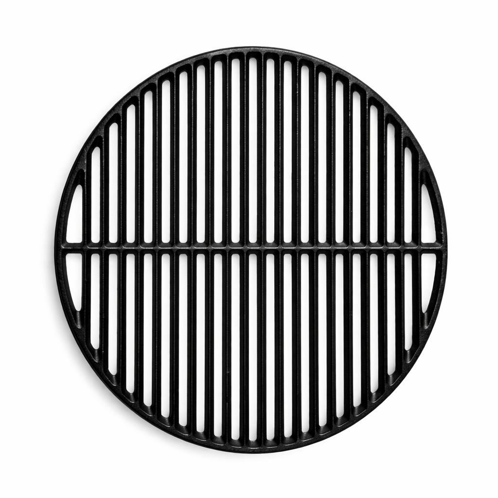 A round, black cooking grate with parallel bars is centered on a white background, casting a soft shadow.