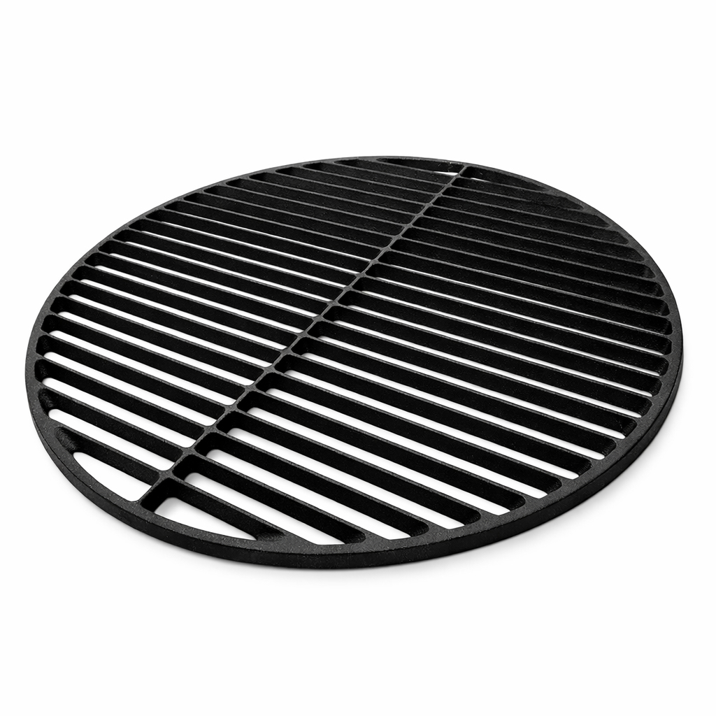 A black, round cast iron cooking grate, divided into two halves, rests on a white background.
