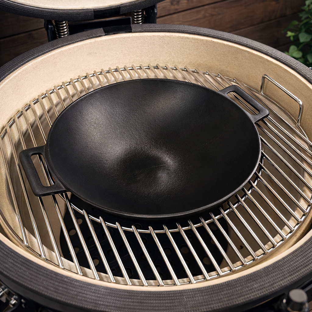 A black wok sits on a grill grate inside a ceramic grill.