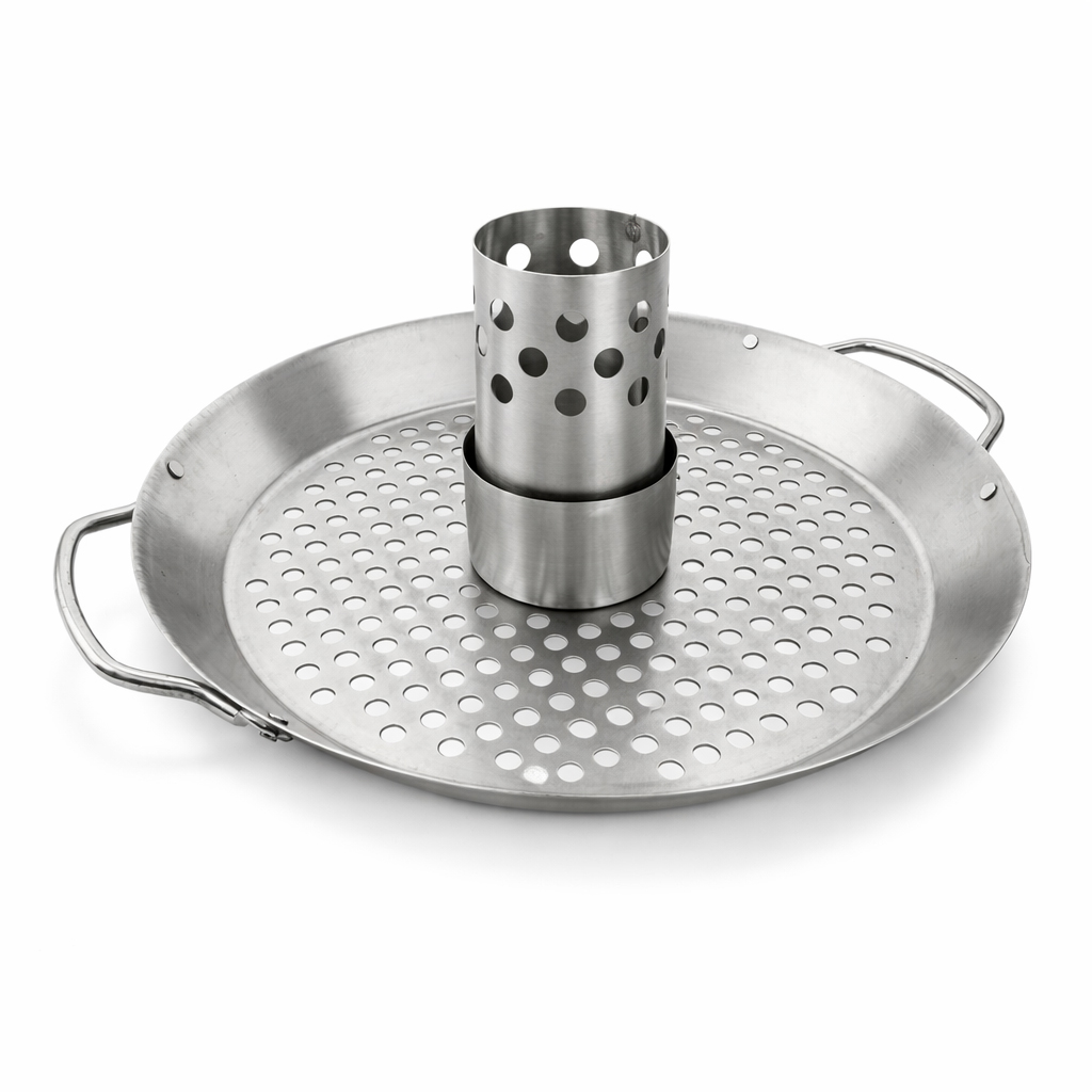 A round, perforated metal grill pan with a cylindrical insert in the center.