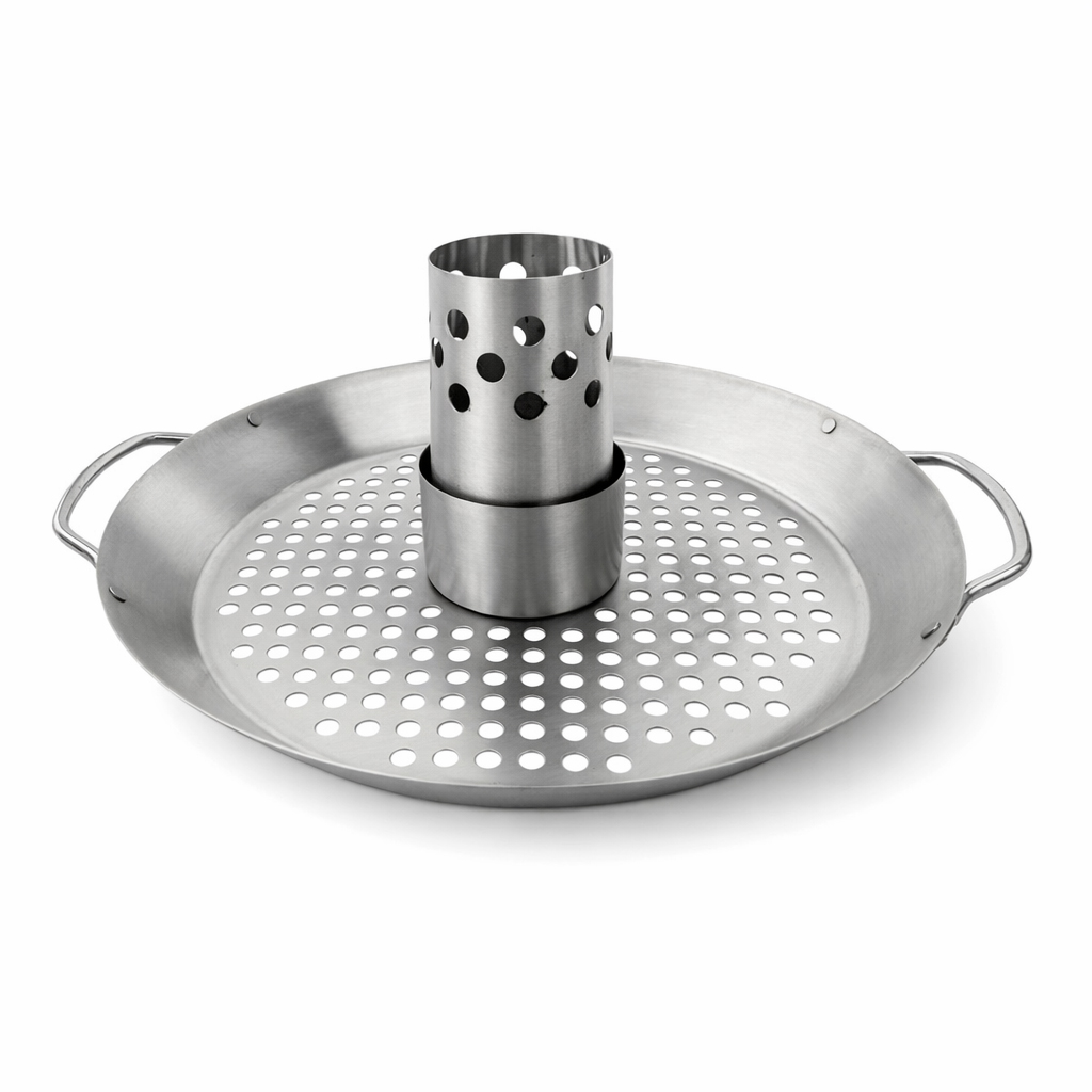 A stainless steel beer can chicken roaster with a perforated pan and a cylindrical stand, shown on a white background.