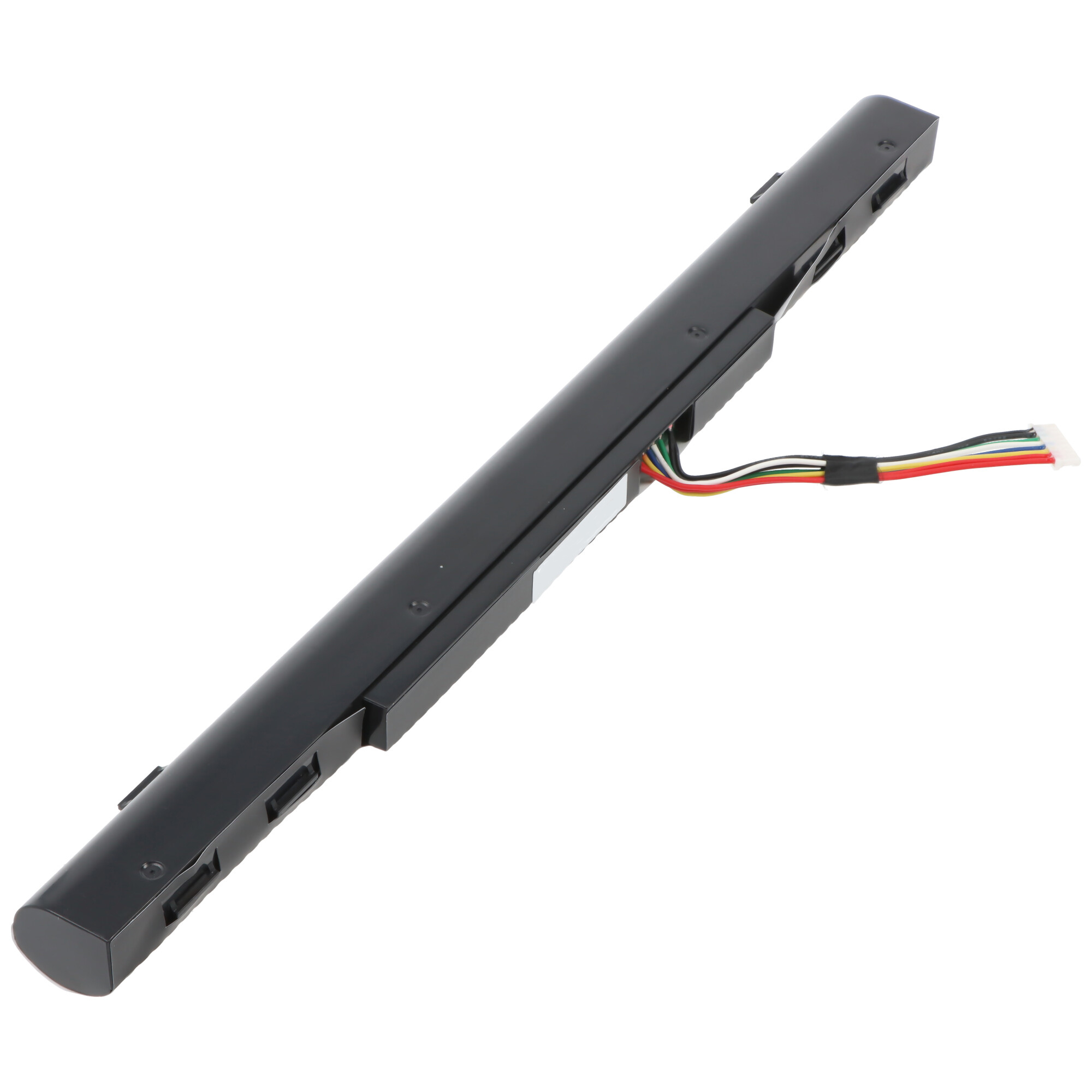 Ein schwarzer rechteckiger Laptop-Akku mit einem angeschlossenen mehrfarbigen Kabelbaum ist diagonal vor einem weißen Hintergrund positioniert.
