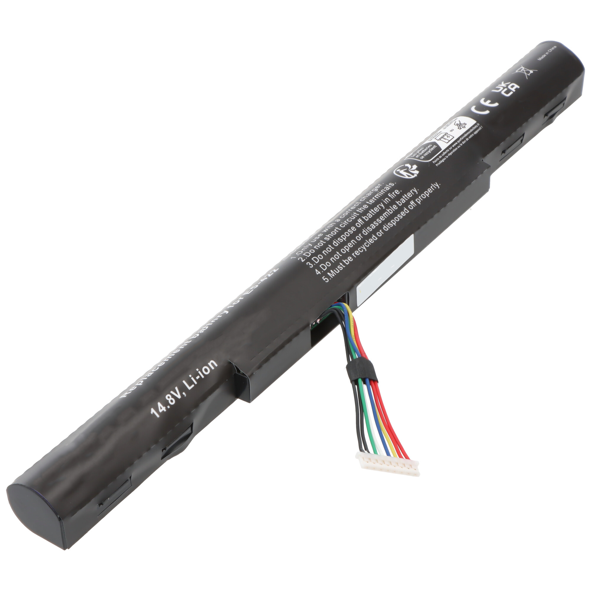 Schwarzer Laptop-Akku mit Kabeln, 14,8V Li-ion.