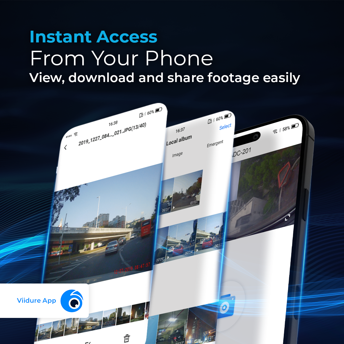 Drei Smartphones zeigen Videomaterial, darüber der Text „Instant Access From Your Phone“.