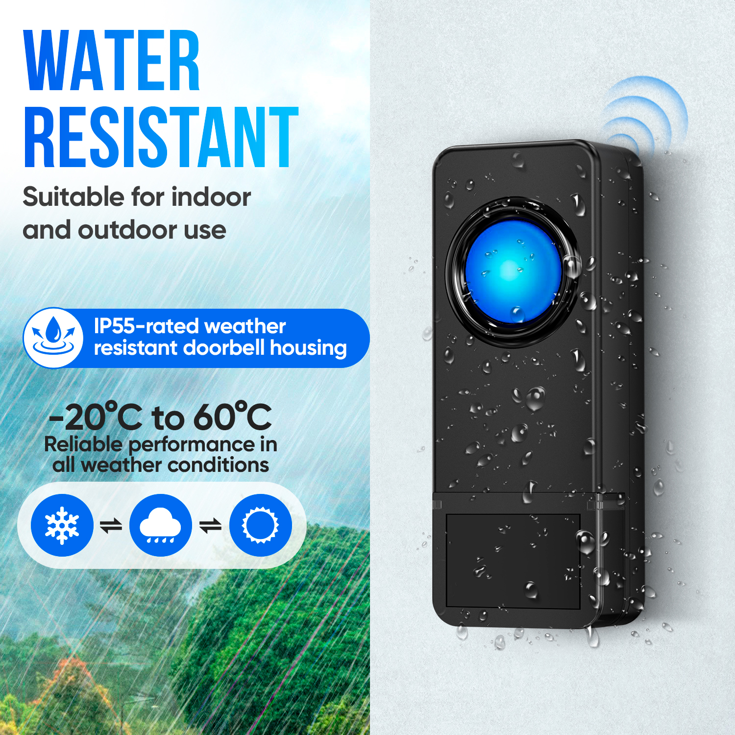 Water-resistant black doorbell button with blue light, suitable for all weather.