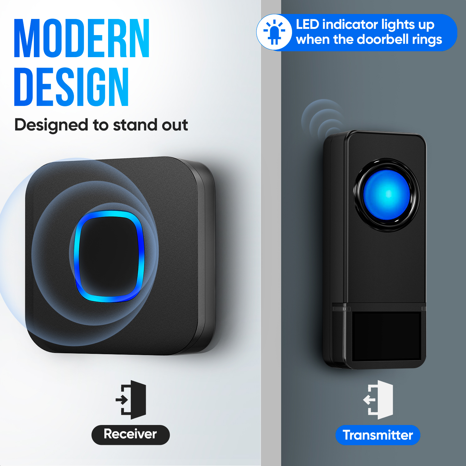 Modern doorbell receiver and transmitter. Blue LED on transmitter lights up.