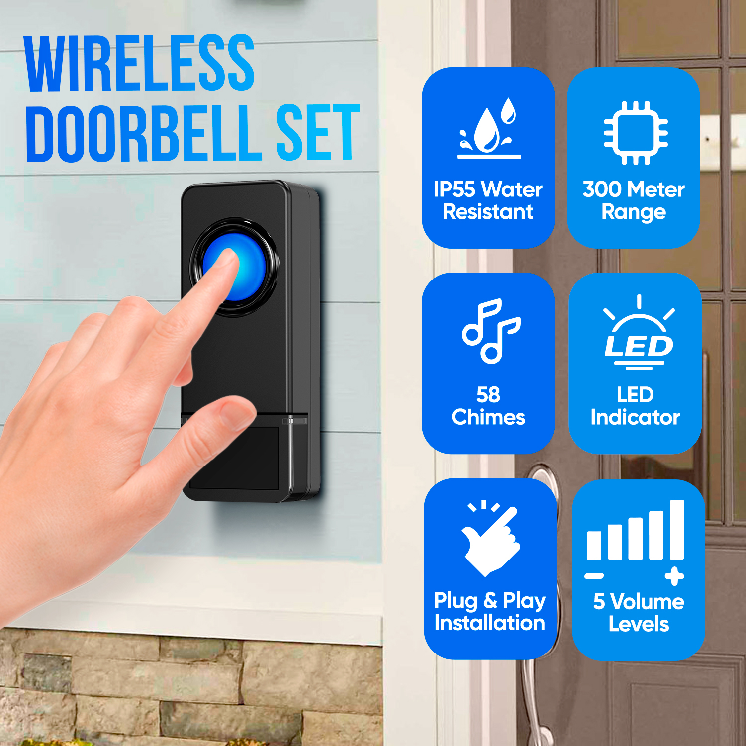 Wireless doorbell set with IP55, 300m range, 58 chimes, LED indicator.