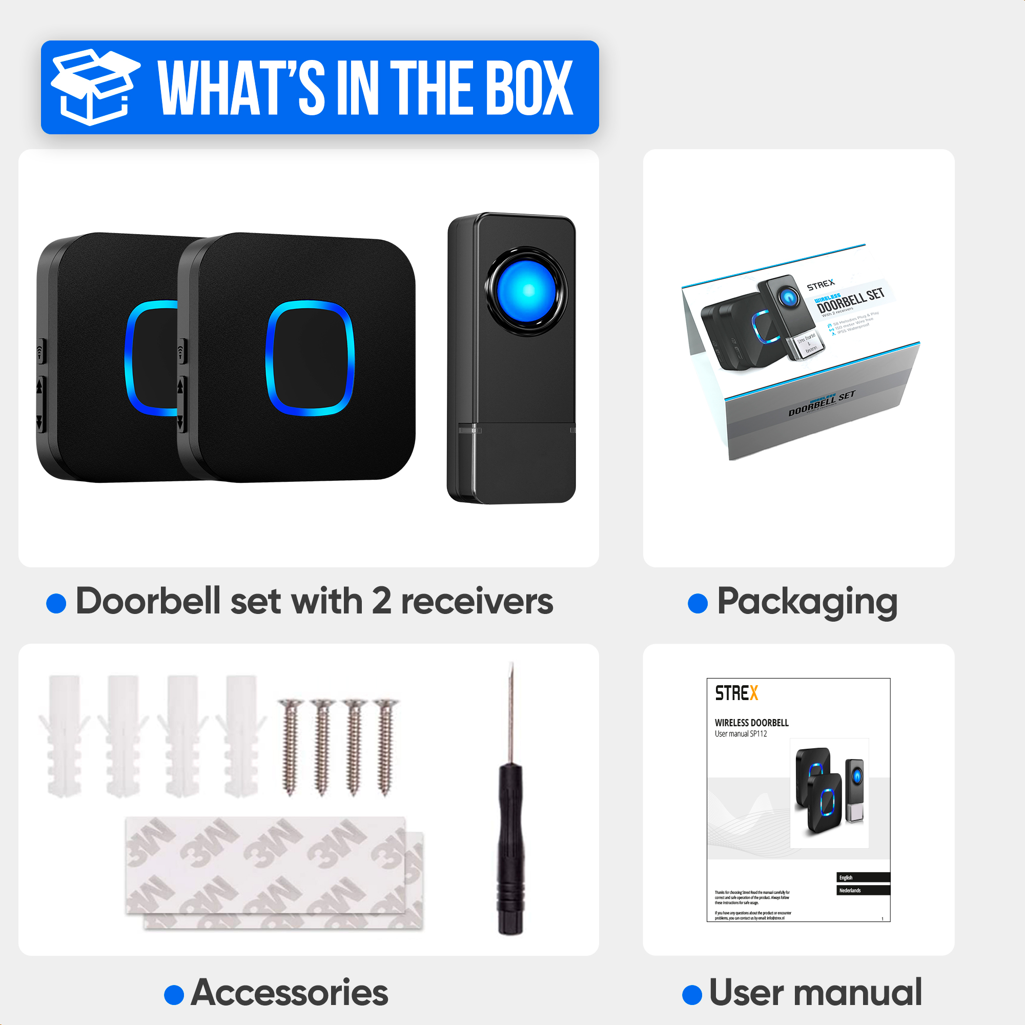 A graphic showing the contents of a doorbell set box: two receivers, one doorbell, packaging, accessories, and a user manual.
