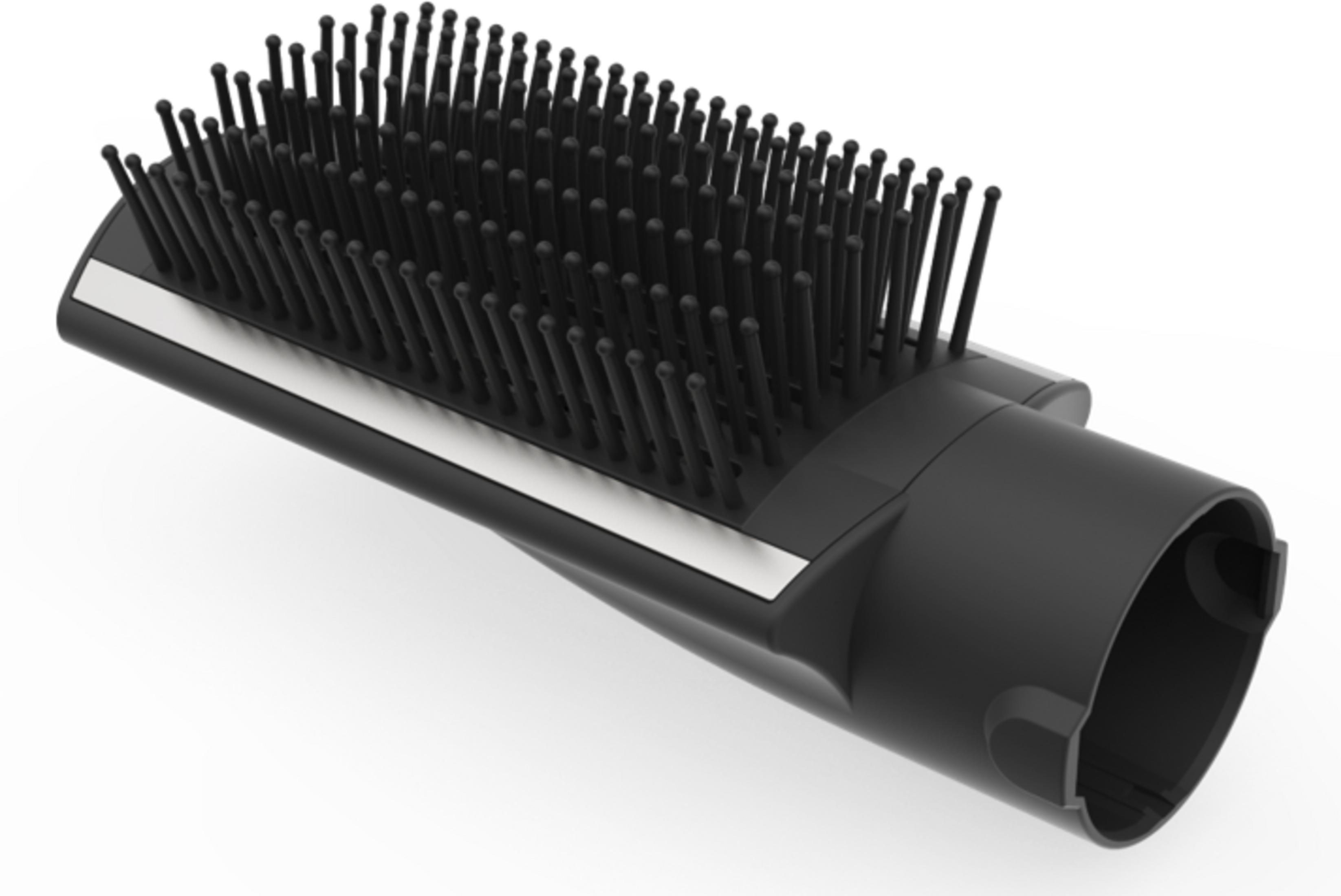 Accessorio spazzola per capelli nera con molte setole e una striscia argentata.