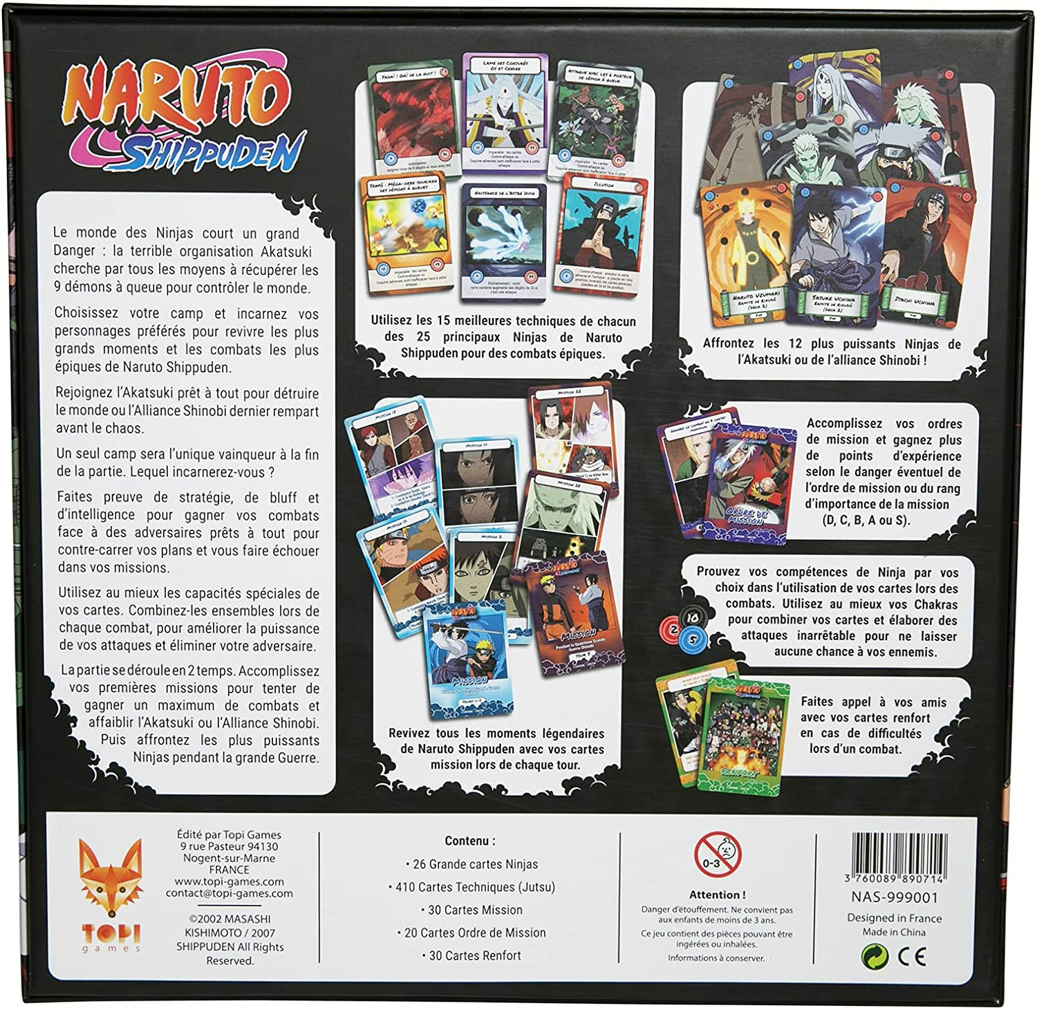 Naruto Shippuden Spielbox mit Charakterkarten, Missionskarten und Spielanleitung.