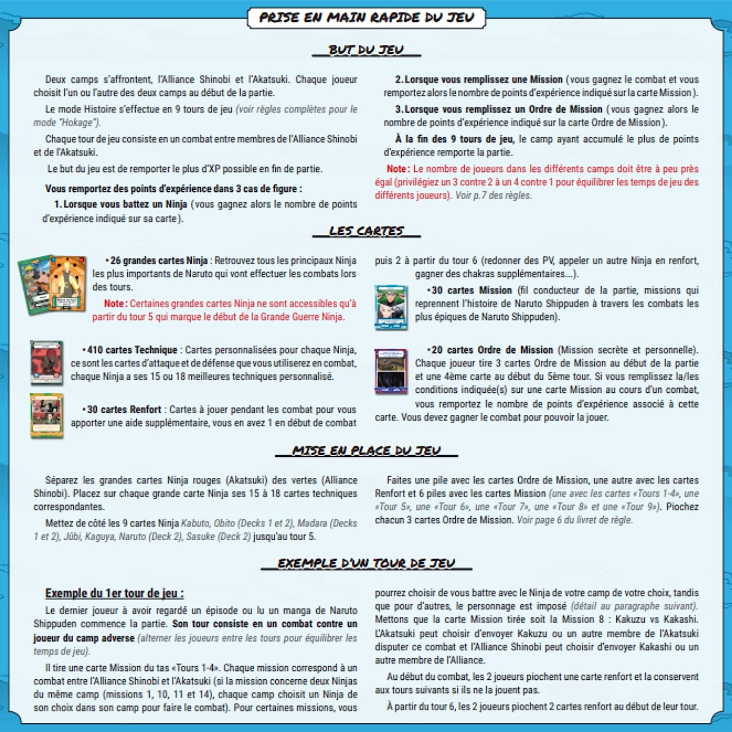 Eine Spielregelbuchseite mit französischem Text, die Spielaufbau, Kartentypen und Zugbeispiele vor blau-grünem Hintergrund beschreibt.
