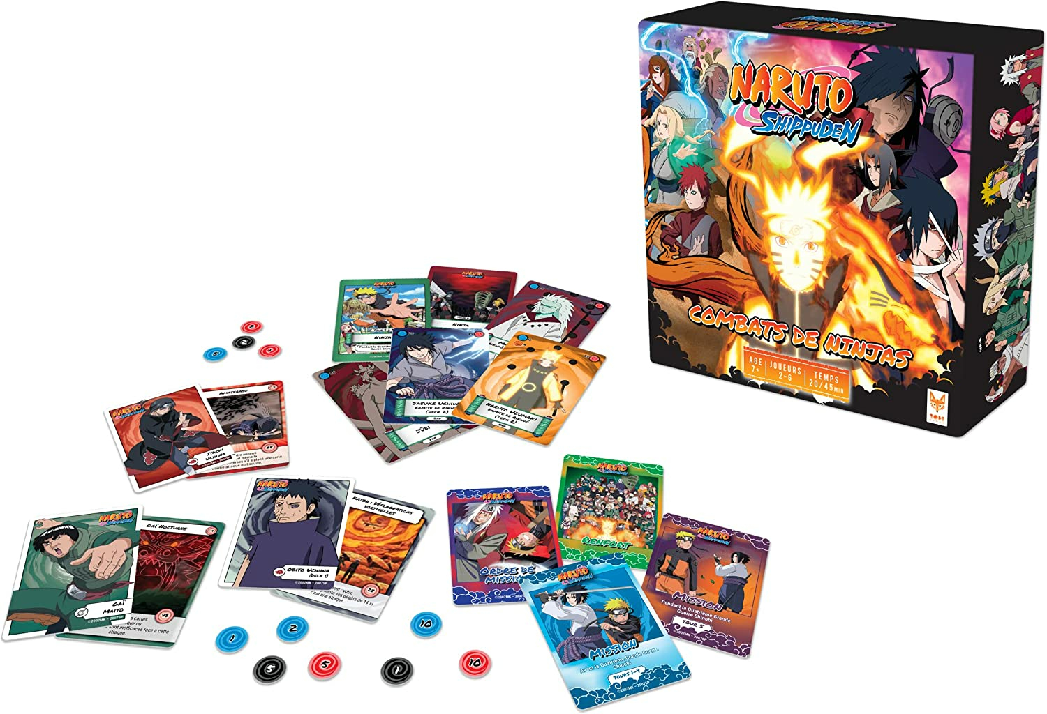 Naruto Shippuden Brettspiel mit Charakterkarten und Spielmarken.