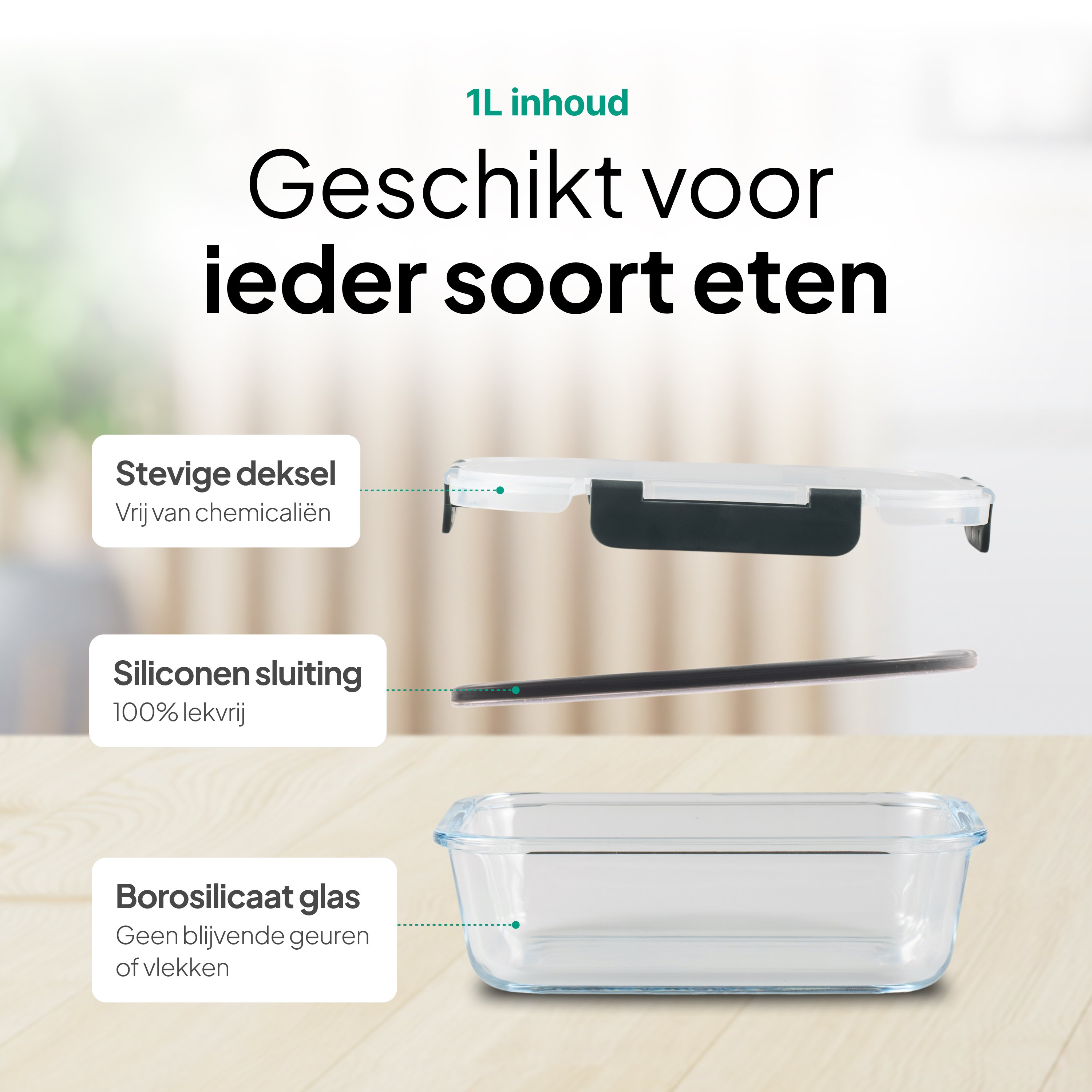 Glass food container with lid and seal. 1L capacity. Made of borosilicate glass.