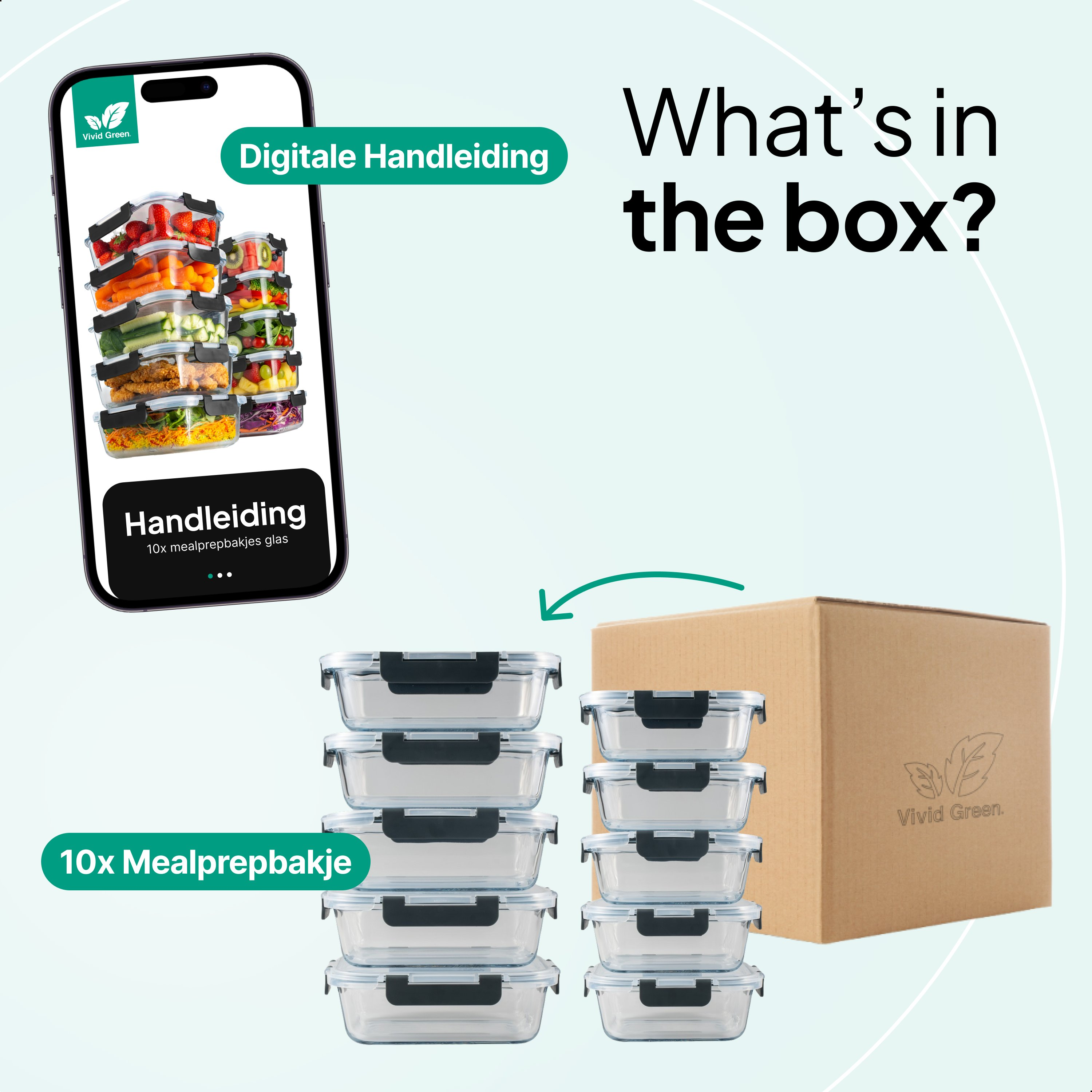 10 glass meal prep containers, a smartphone showing instructions, and a cardboard box.