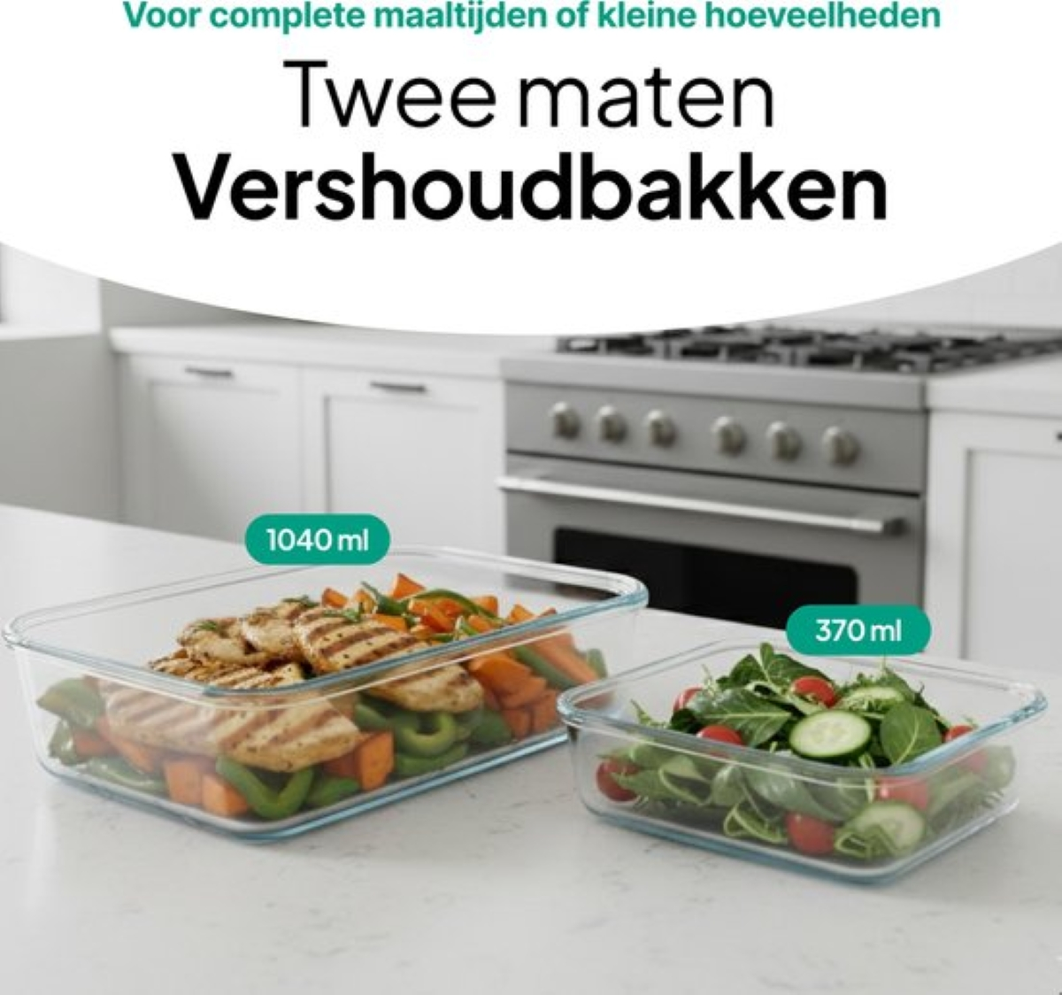 Two glass containers: one with chicken and vegetables, the other with salad.