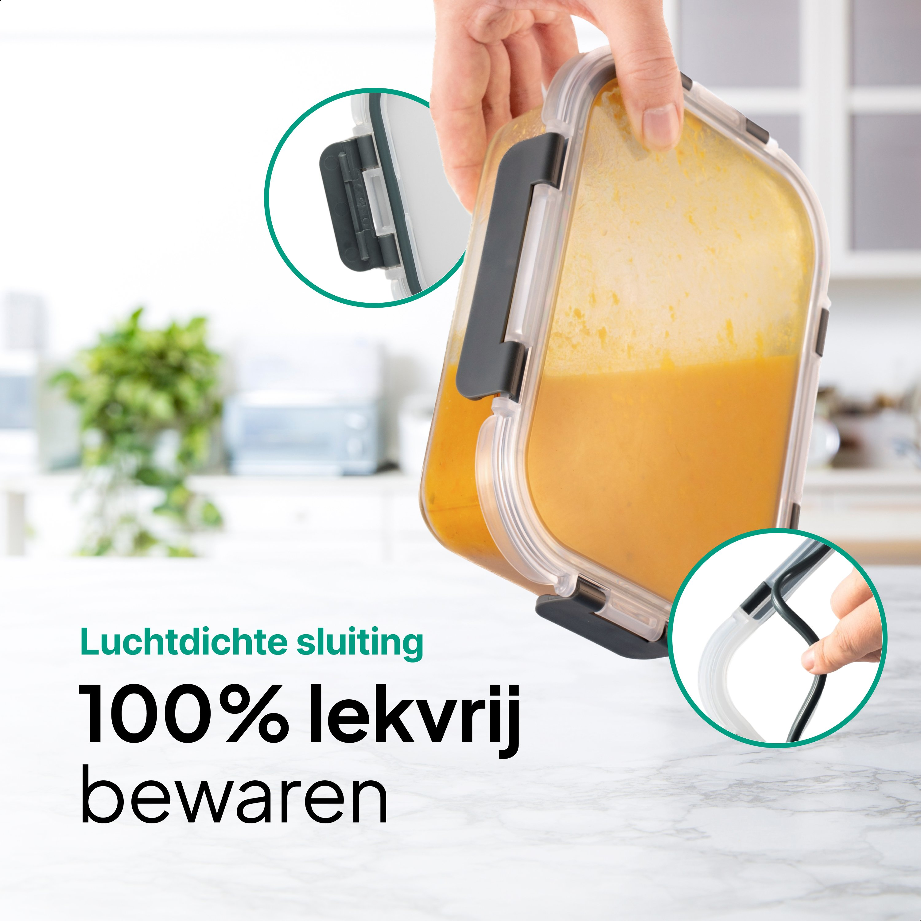 Hand holds clear container with orange liquid, airtight seal.