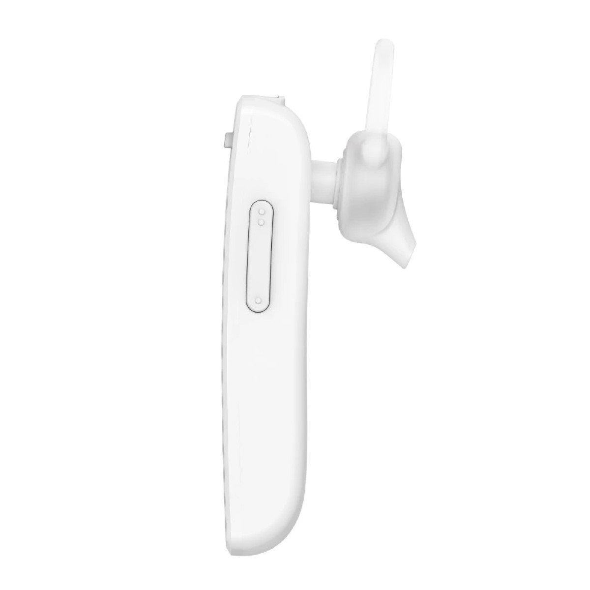 Ein weißes Bluetooth-Headset mit Ohrbügel auf weißem Hintergrund.