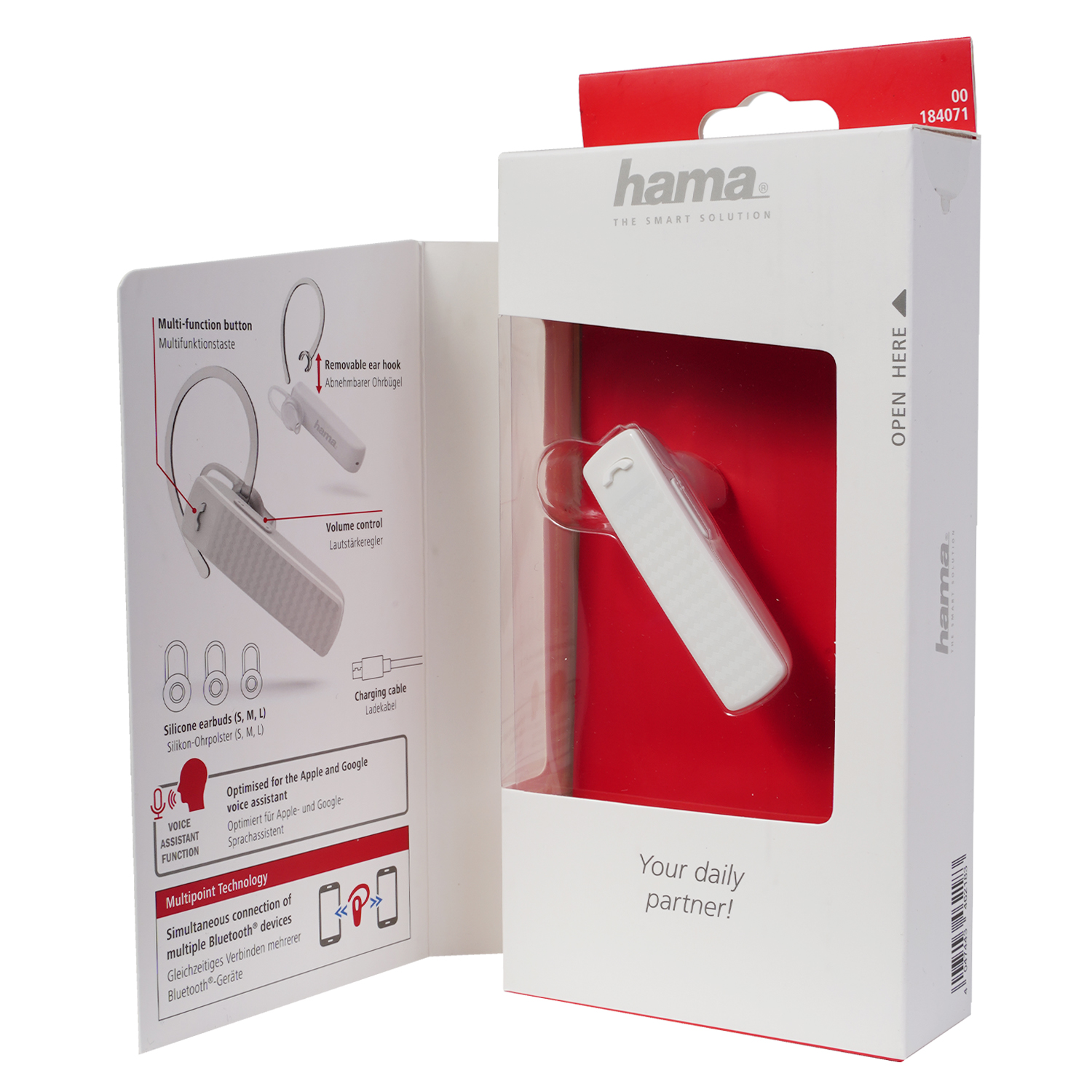 Weiße Hama Bluetooth-Ohrhörer im Paket mit Hama-Logo, Ladeanschluss und Funktionen.