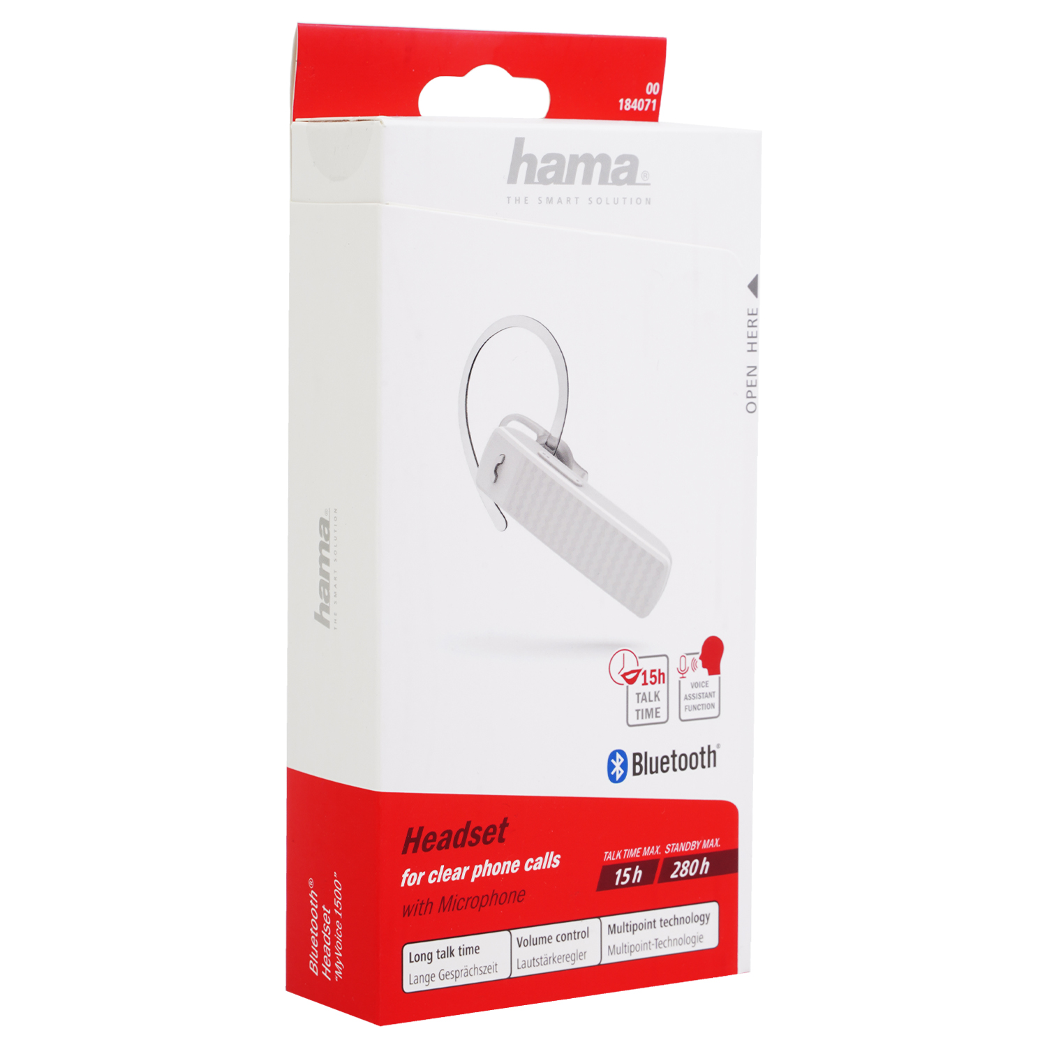 Verpackung eines weißen Bluetooth-Headsets mit Mikrofon, Hama-Logo und Produktdetails.
