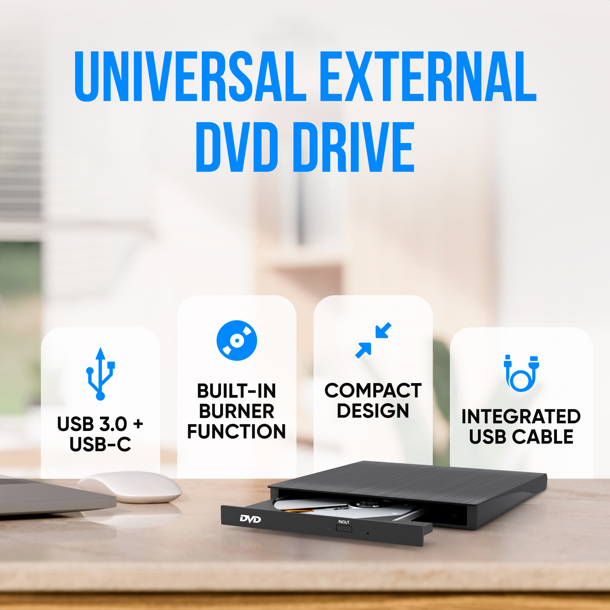 A black external DVD drive with an open tray on a table.