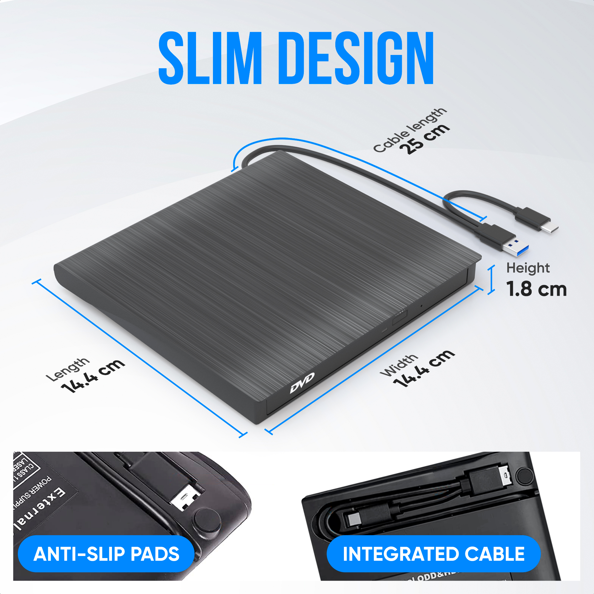 Slim black DVD drive, 14.4x14.4x1.8cm, with 25cm cable and USB-C.