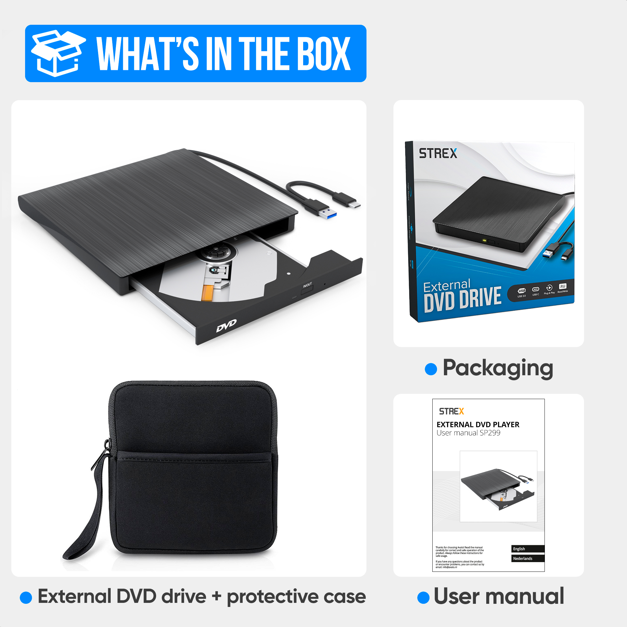 An external DVD drive with case and a user manual.