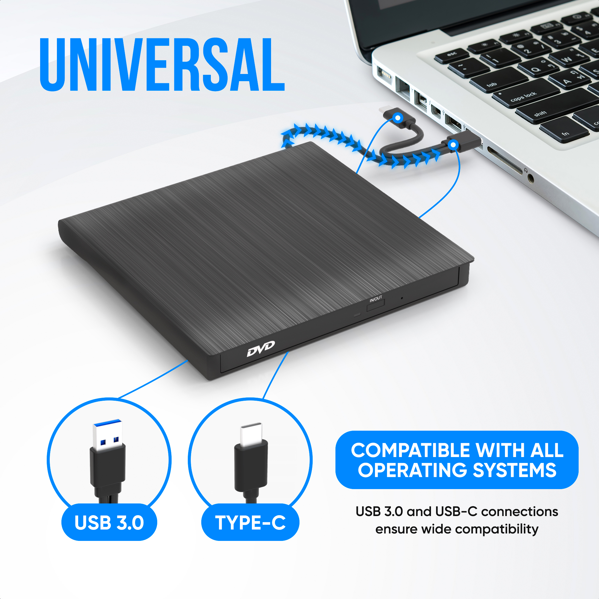 Black DVD drive with USB 3.0 and USB-C connections plugged into a laptop.