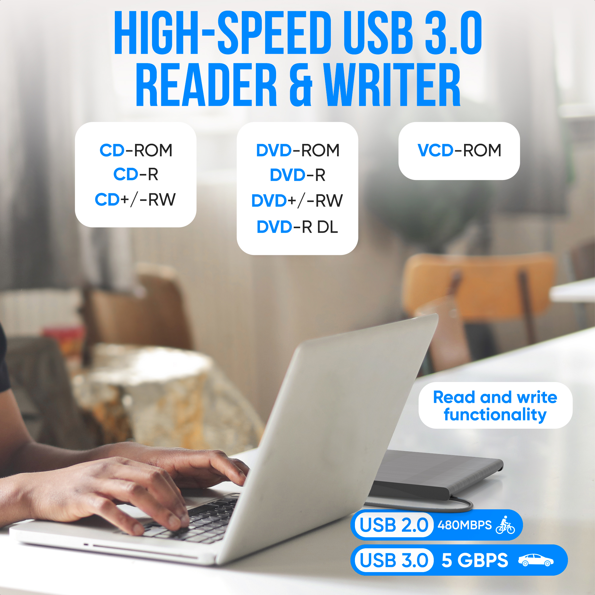 Laptop with USB CD/DVD drive for CD, DVD, VCD. USB 3.0 5 GBPS.