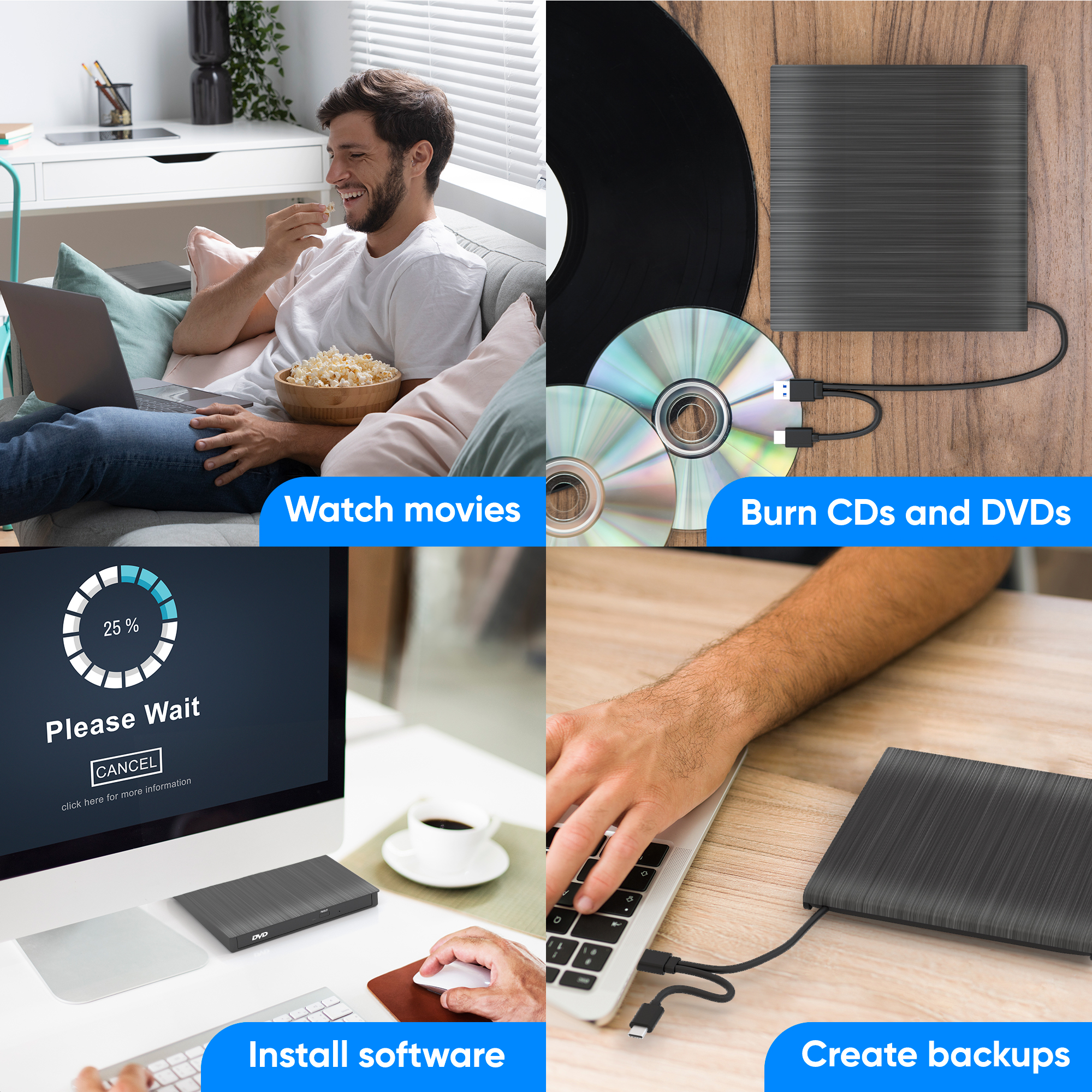 Man eats popcorn, burns CDs, installs software, creates backups.