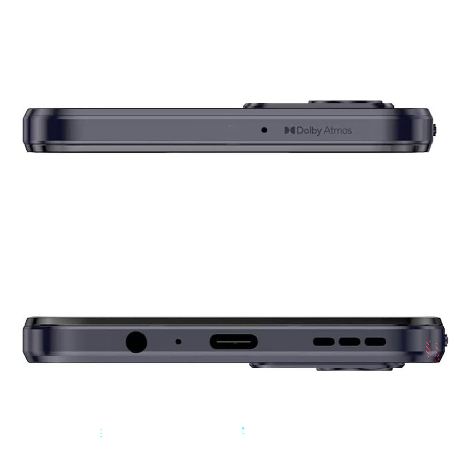 In alto: Telefono grigio con logo Dolby Atmos. In basso: Porta di ricarica e griglia altoparlante.
