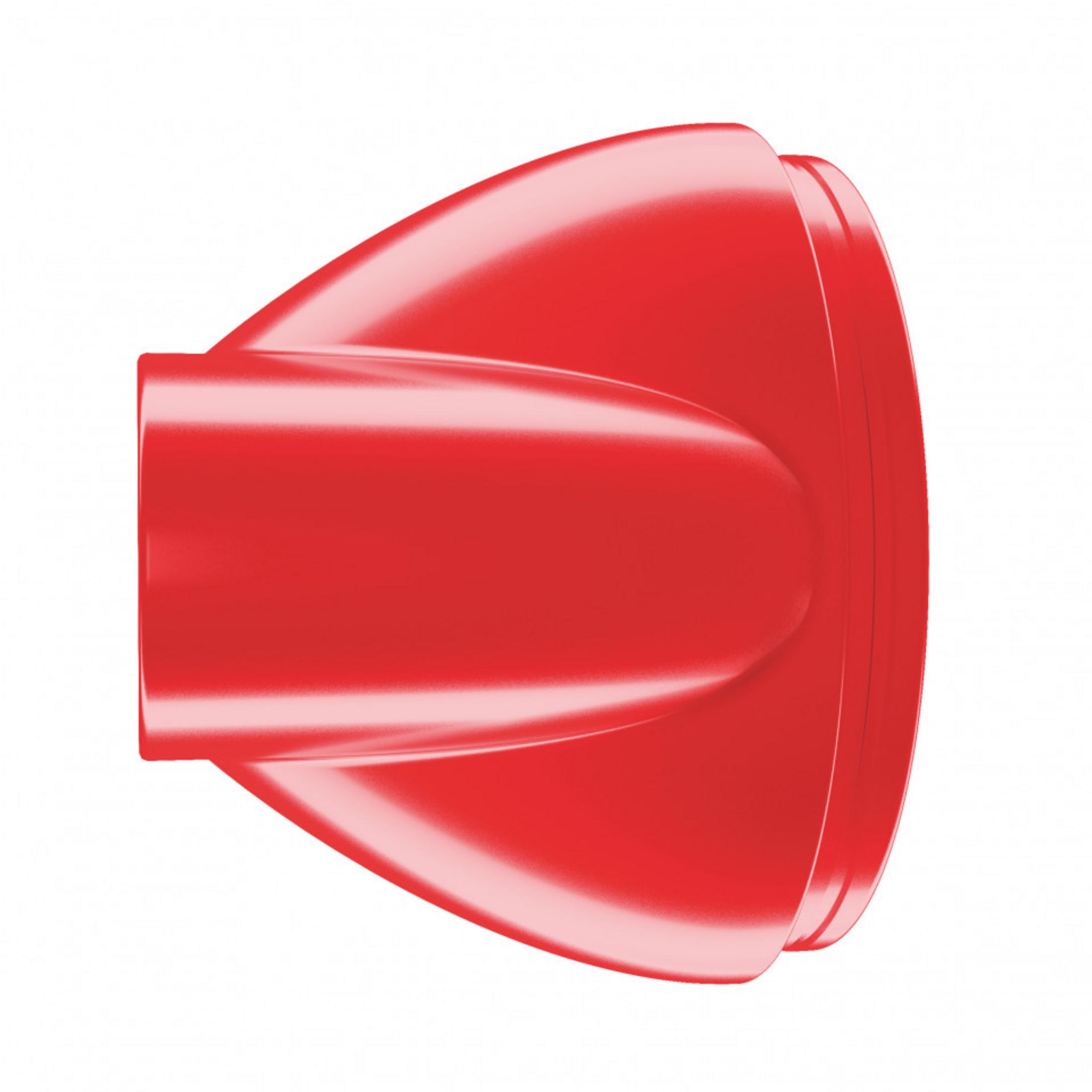 Ein roter, glänzender Aufsatz mit einer konischen Form und einem breiteren Ende.