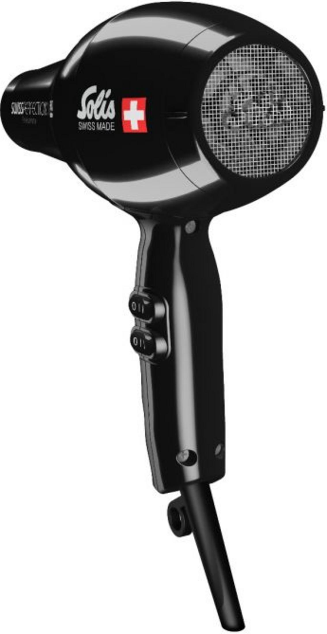 Sèche-cheveux Solis noir avec logo de croix suisse.