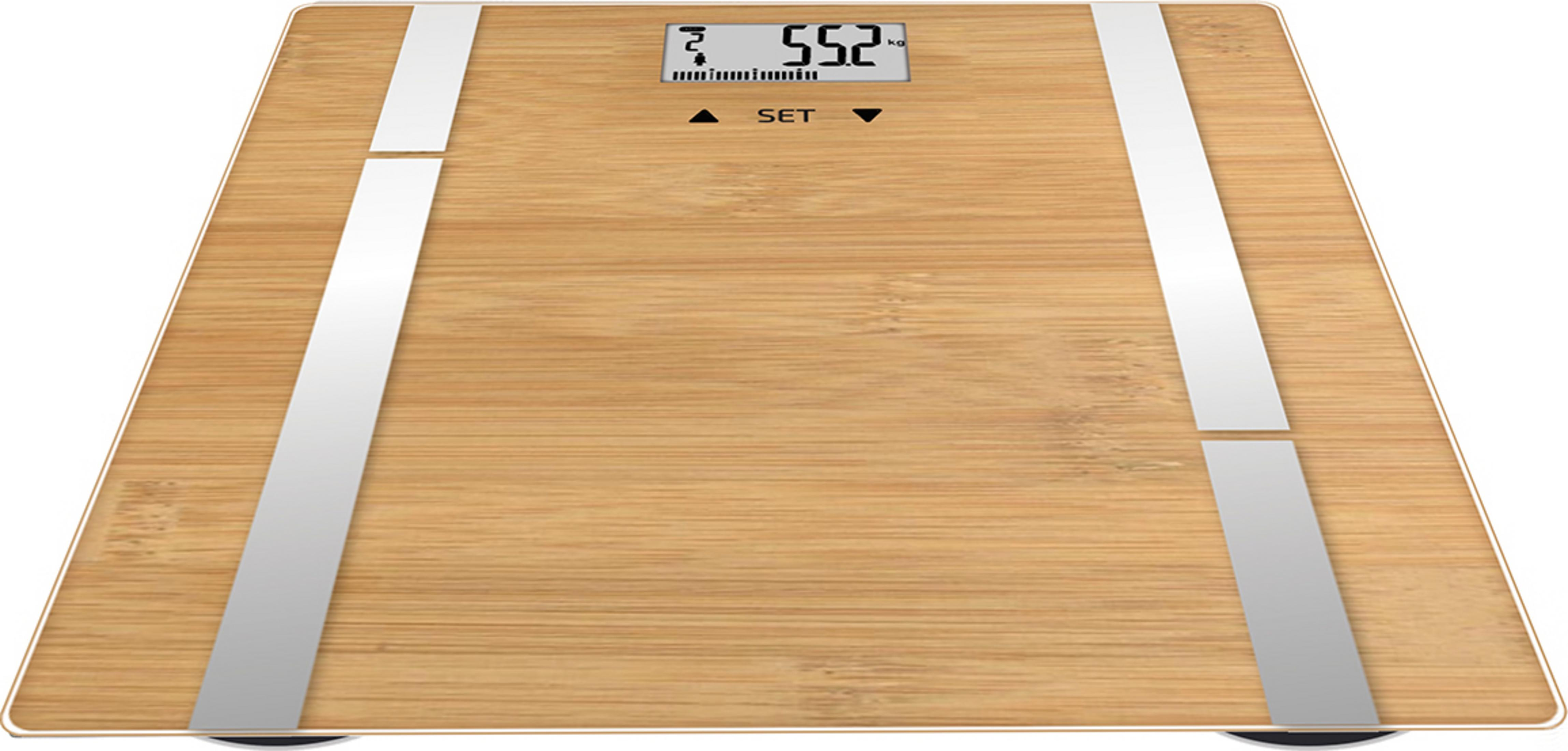 Zbliżenie nowoczesnej, prostokątnej bambusowej wagi łazienkowej ze srebrnymi akcentami i cyfrowym wyświetlaczem pokazującym '55,2 kg'.