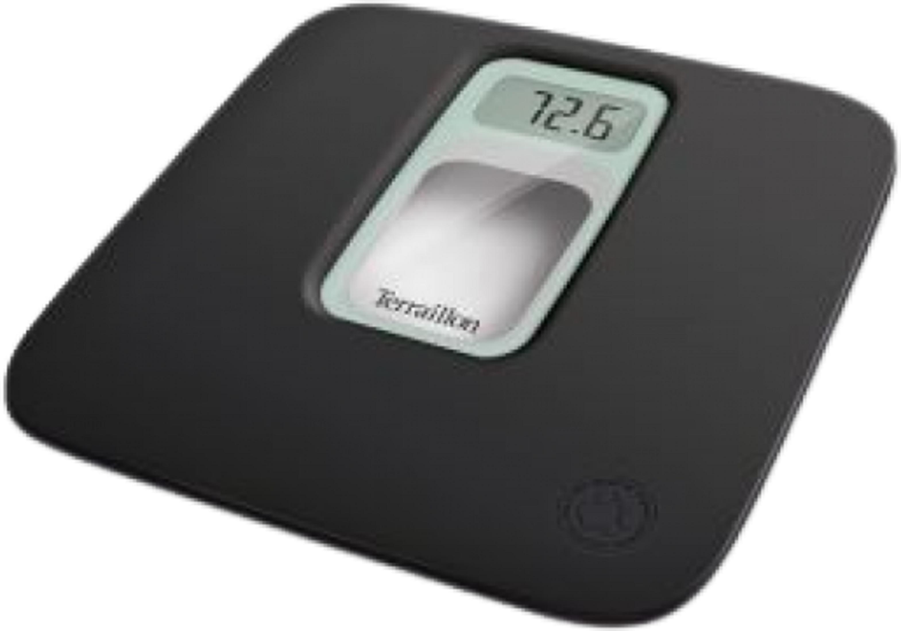 Czarna waga cyfrowa z jasnozielonym wyświetlaczem pokazującym 72,6.