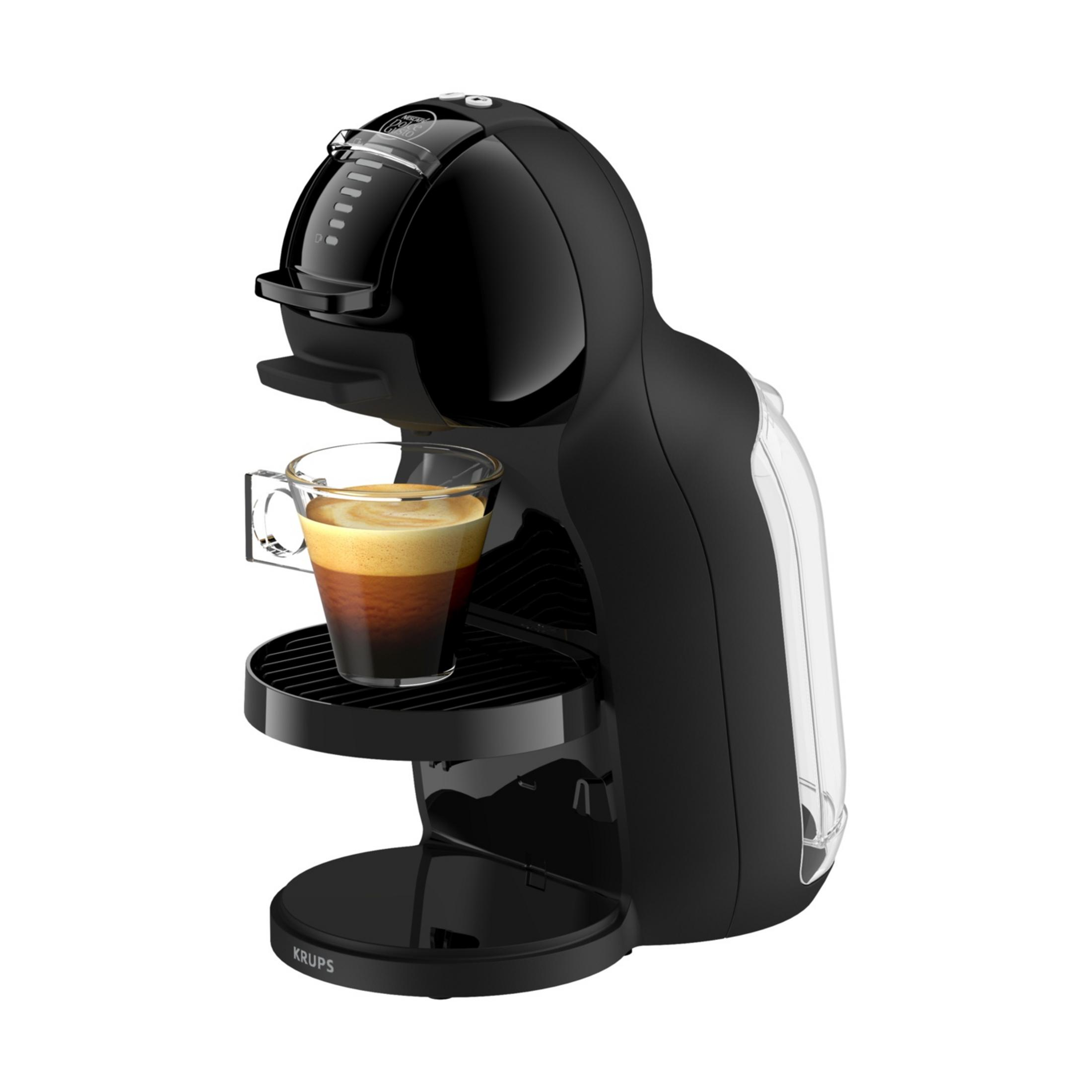 Schwarze Kaffeemaschine mit Glas und Espresso, weiße Hintergrund.